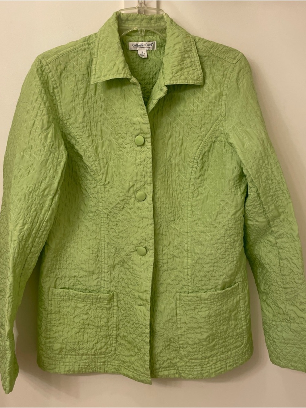 NWT Coldwater Creek Lime Green Quilted Embroidered Barn Jacket 100% Silk, M